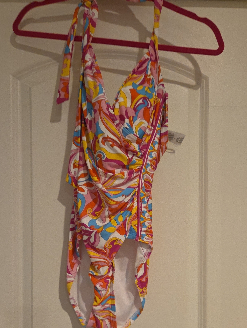 Carmen Marc Valvo Girls Pink Multicolor Swirl Halter One-Piece